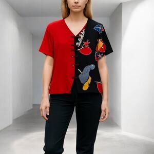 Women’s 90s Cascais of California Red & Black Abstract Floral Blouse – XL